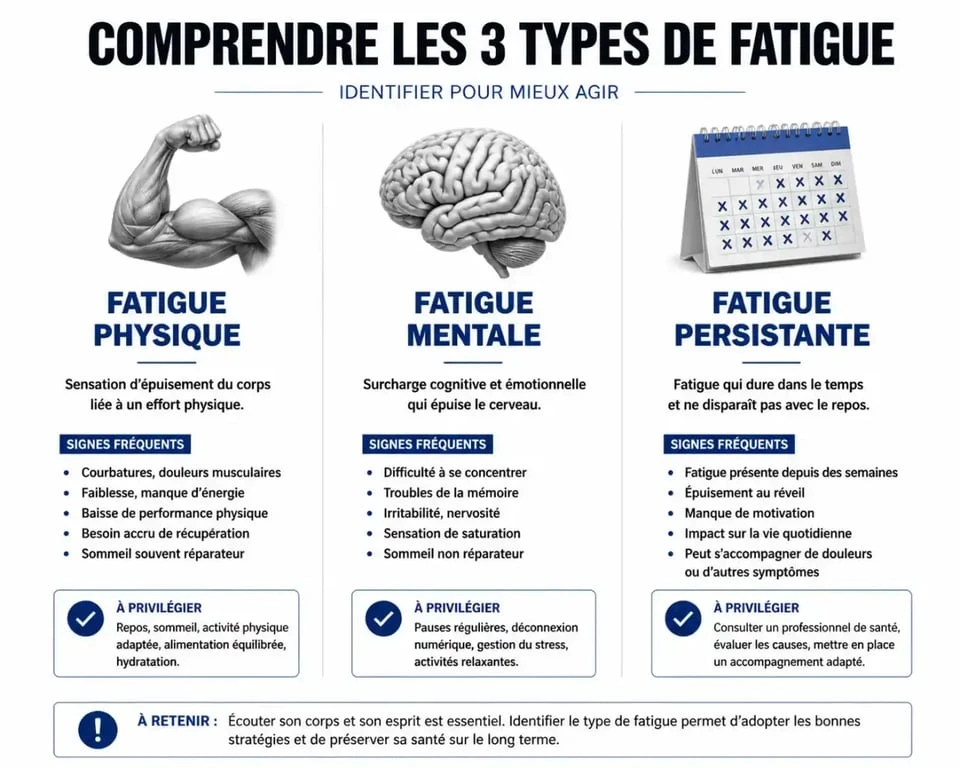 Infographie des types de fatigue pour compléments alimentaires fatigue
