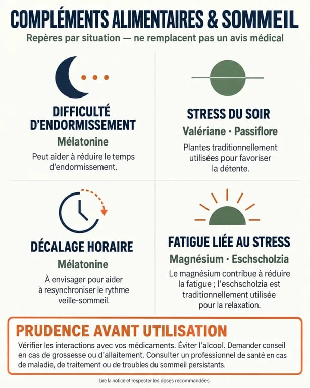 Infographie sur les compléments alimentaires pour dormir selon le besoin et les précautions d’usage