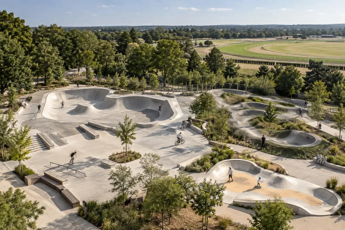 Vue d'ensemble illustrative du skate park d'Aix-les-Bains avec skatepark et pump tracks