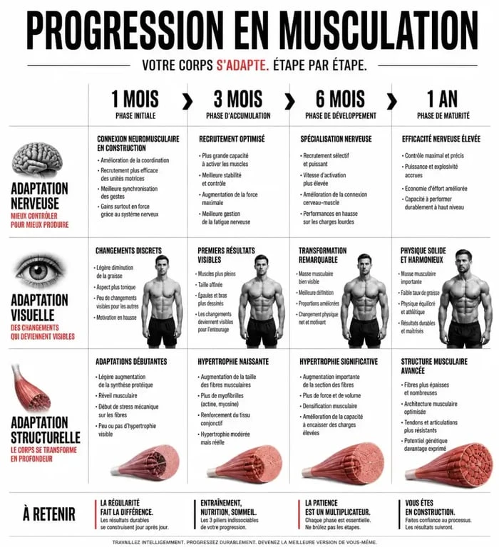 Infographie musculation avant apres chronologie progression