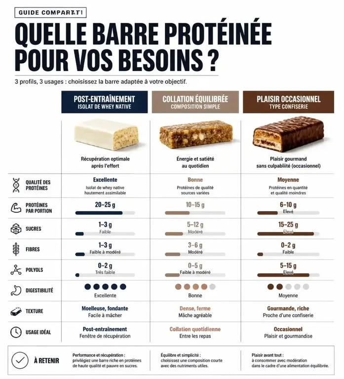 Infographie comparative pour choisir la meilleure barre protéinée selon les protéines, les sucres, les fibres et l’usage