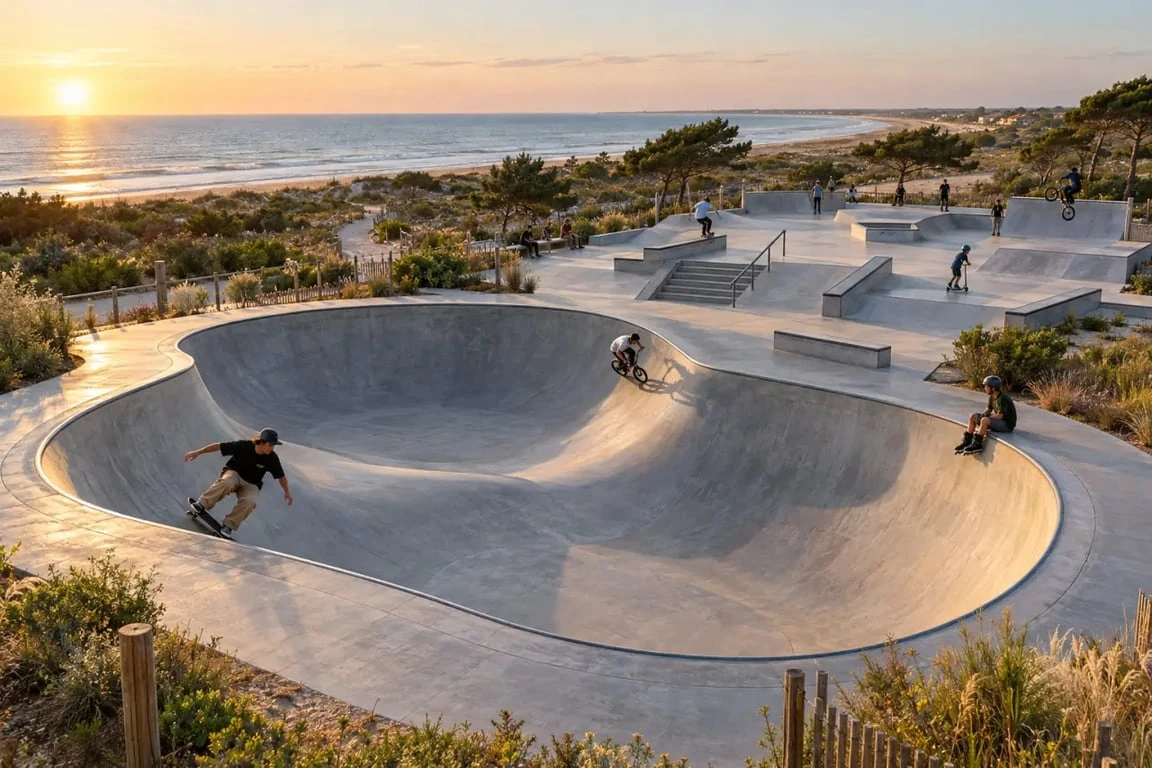 Skate park La Faute sur Mer avec bowl et aire de street près du littoral