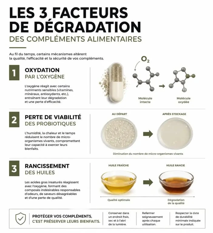 Infographie sur les causes de dégradation des compléments alimentaires périmés