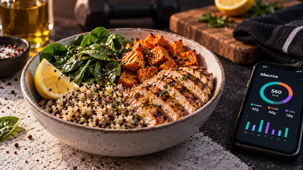 Plat sportif : bowl macros poulet quinoa patate douce