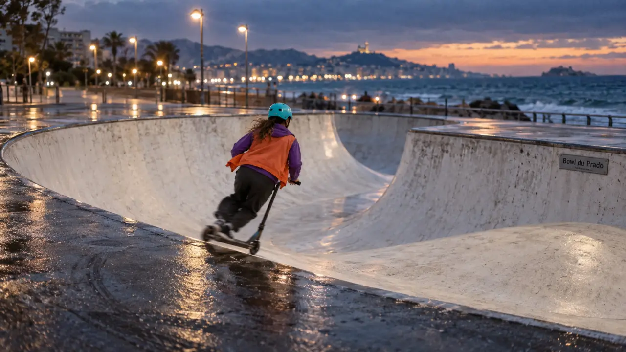 Skate park du Prado : bowl béton au bord des plages de Marseille