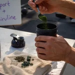 Sport et spiruline : athlète verse de la spiruline en shaker