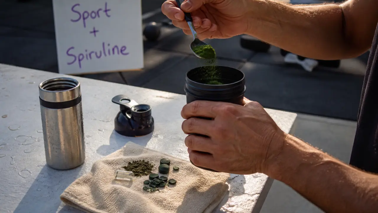 Sport et spiruline : athlète verse de la spiruline en shaker