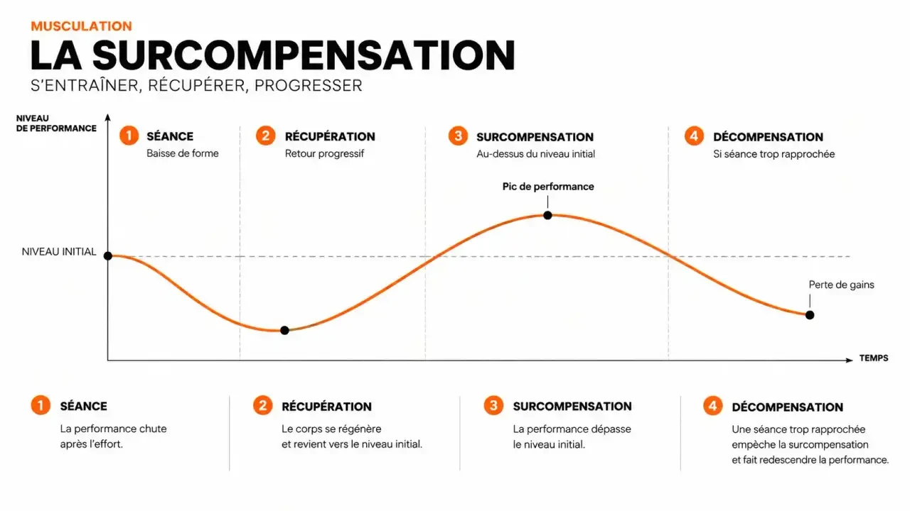Schéma de la surcompensation et de la décompensation expliquant le surentraînement en musculation