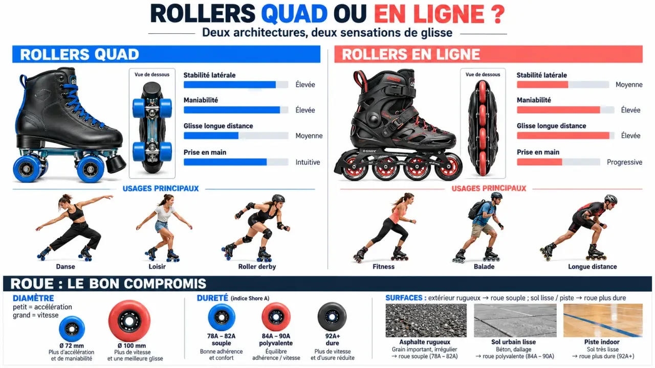 Infographie comparative des patins à roulettes quad et des rollers en ligne selon les usages et les roues