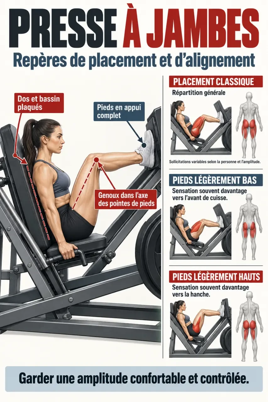 Schéma de musculation presse jambes avec placement des pieds et repères d’exécution