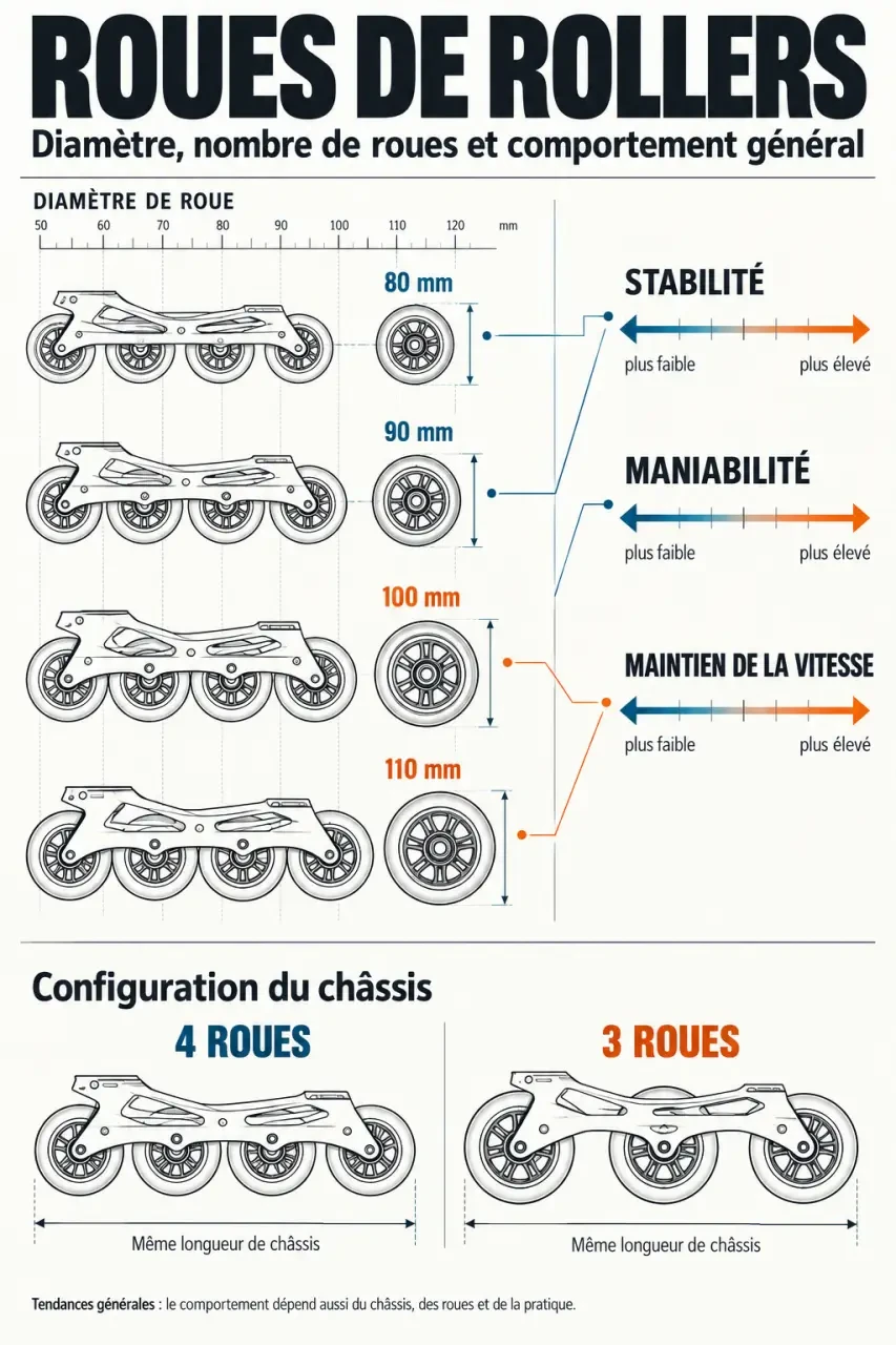 Infographie des rollers Rollerblade comparant les diamètres de roues et les configurations trois ou quatre roues