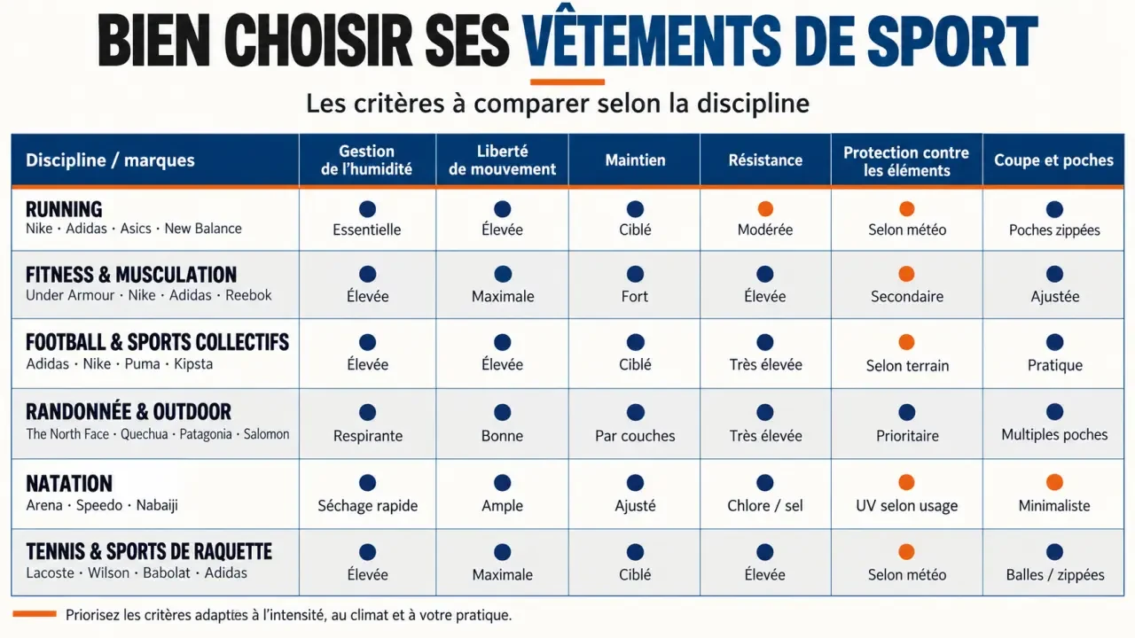 Marques de vêtements de sport classées par discipline et critères techniques