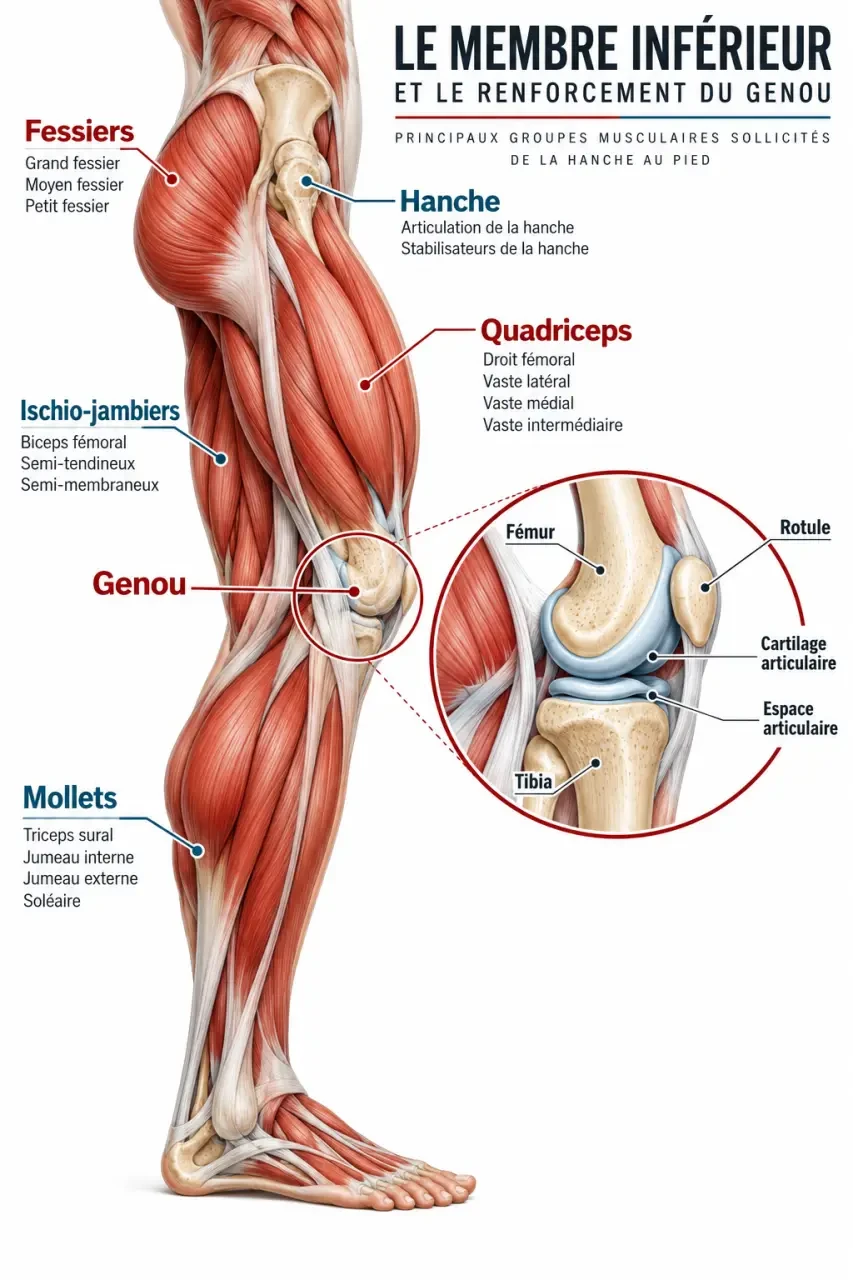 Schéma anatomique du renfo genoux et des muscles qui stabilisent l’articulation