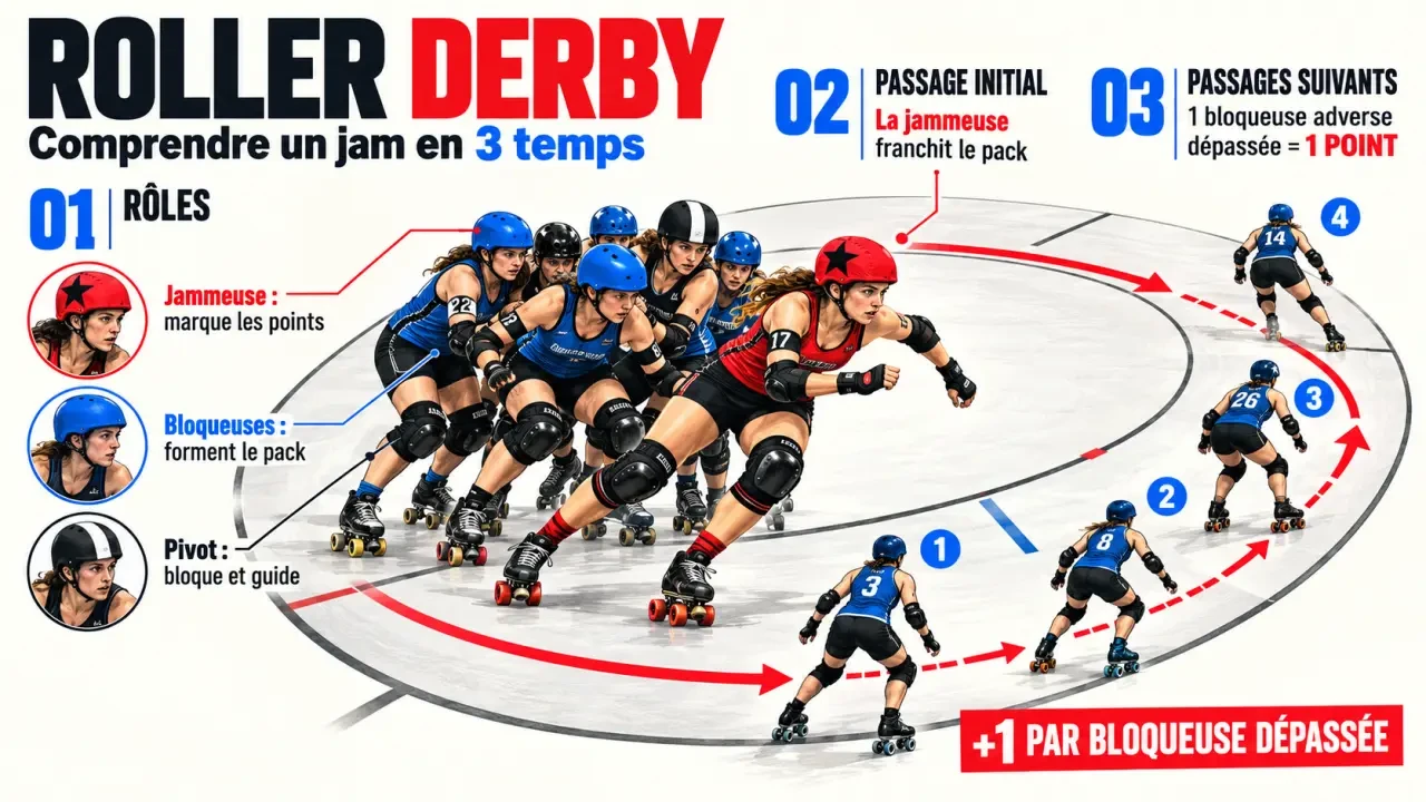 Règles roller derby : rôles de la jammeuse, de la bloqueuse et du pivot sur la piste