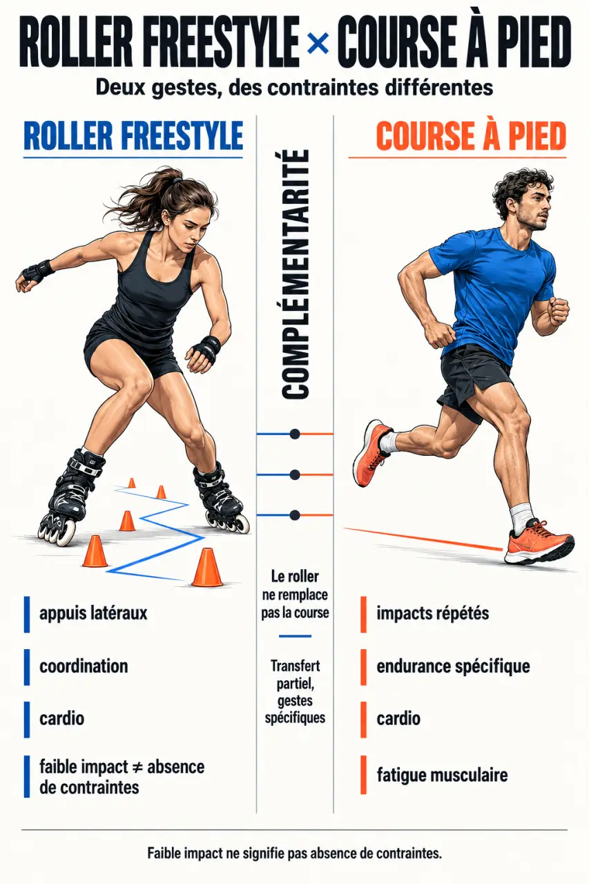 Infographie sur la complémentarité entre le roller freestyle et la course à pied, avec comparaison du cardio, des appuis, des muscles et des impacts