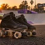 Roller skate park : patins quad près d’un rail, bowl en arrière-plan