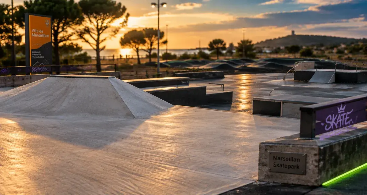 Skate park Marseillan : béton modulaire et pumptrack, dalle et bosses